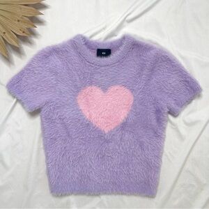 Lazy Oaf Heavy Heart Eyelash Fuzzy Furry Purple Pink Short Sleeve Sweater Medium